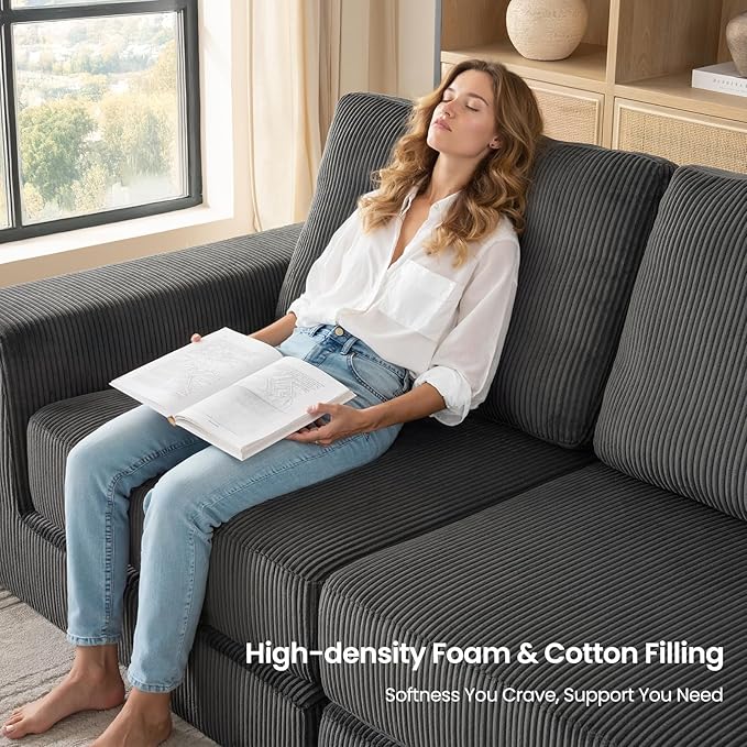 120.47‘’ Boneless Couch Cloud Modular Sectional Couches for Living Room, Oversize L-Shape Sofa with Deep Seat, Plush Corduroy 3-Seater with Ottoman, No Assembly Required