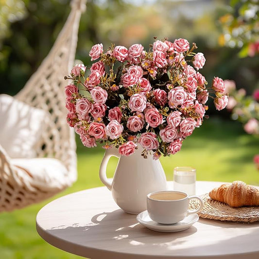 Artificial Flowers for Outdoor 4 Bundles Rose Bouquet with Daisy Faux Flowers UV Resistant for Home Indoor Outside Garden Porch Window Box Balcony Yard Porch Decor (Pink)