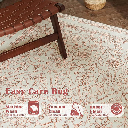 jinchan Vintage Floral Washable Area Rug 5x7 Distressed Faux Wool, Red