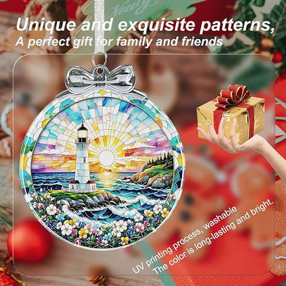 Lighthouse Ornament Crystal Glass with Gift Box- Lighthouse Gifts for Women- Hanging Ornaments for Christmas Tree Xmas Decorations, Holiday Keepsake Present Exchange Ideas