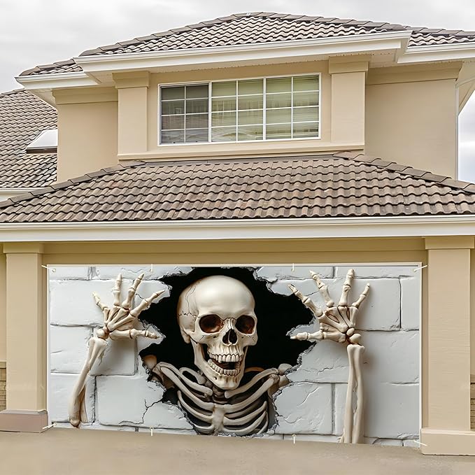 6 x 13 ft Halloween Garage Door Decorations Halloween decorations Witch Door Cover, Hanging Banner, Cauldron Backdrop Mural for Home, Outdoor, Indoor, Spooky Party, Wall, Window (Skull-2)
