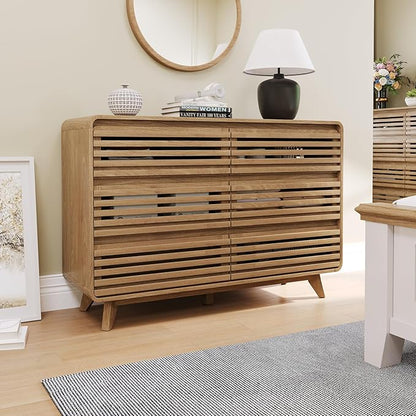 Fluted Dresser for Bedroom, Wide 6 Drawers Dresser, Chests of Drawers with Grille & Curved Design, Dressers Slides Pre-Installed, Large Wood Drawer Organizer for Bedroom Hallway, Natural Oak