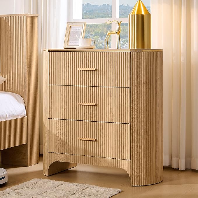Fluted 3 Drawers Nightstand with Charging Station,31.7" W Bedside Table with Curved Profile Design,End Table Storage with USB Ports for Bedroom,Living Room,Gold Metal Handle,Natural Oak