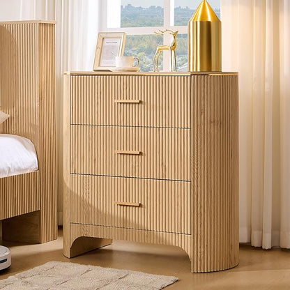 Fluted 3 Drawers Nightstand with Charging Station,31.7" W Bedside Table with Curved Profile Design,End Table Storage with USB Ports for Bedroom,Living Room,Gold Metal Handle,Natural Oak