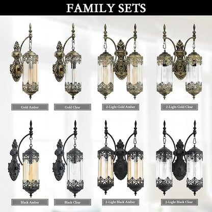 Rustic Wall Sconce with Amber Glass Mini Vintage Antique Gothic Wall Light Fixture Retro Farmhouse Mid Centry Lantern Wall Sconce for Bedroom, Hallway, Living Room, Mirror, Black, E12