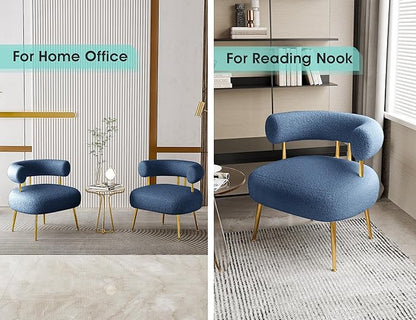 Mid Century Sherpa Boucle Accent Chair, Round Upholstered Barrel Arm Chair for Small Spaces, Fluffy Side Corner Chair for Living Room, Bedroom, Vanity, Office, Reading Nook(Navy Blue)