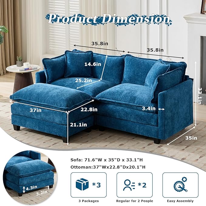 SoarFlash Chenille 71.6" Sectional Sofa, Comfy L Shaped Modular Coush Sofa with Ottoman, Modern 2 Seat Couch Deep Seat Sofa Set for Living Room,Blue