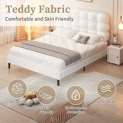 BarnFurin Full Size Bed Frame with Upholstered Headboard, Teddy Soft Boucle Fabric, Platform Bed with Strong Wooden Slats Support, Two Bed Forms Design, No Boxing Spring Needed, Easy Assembly, White