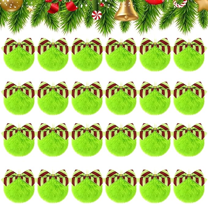 Norme 24-Pack Lime Green Furry Christmas Balls with Bow, 4" Soft Faux Fur Plush Pom Pom Ball Ornaments for Christmas Tree Hanging Decorations Party Fireplace Mantel Wall Decor(Stripe)