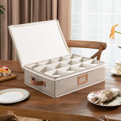 StorageWorks China Storage Container, Stackable Mug Storage Box with Dividers, Stemware Storage Cases, Hard Shell China Cup Organizer, Holds 12 Tea Cups and Coffee Mug, 2 Pack, Brown and Beige