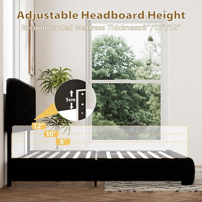 Queen Size Boucle Bed Frame, Upholstered Cloud Platform Bed Frame with Adjustable Headboard, Vertical Tufted, Soft Rounded Corners, No Box Spring Needed, Noise Free Design, Easy Assembly, Black