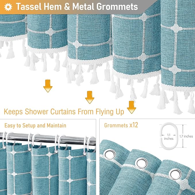 BTTN 78 Inch Long Shower Curtain, Boho Farmhouse Linen Ultra Thick Fabric Shower Curtain Set with Plastic Hooks, Tall Rustic Country Weighted Cloth Shower Curtains for Bathroom, Teal/Turquoise, 72x78