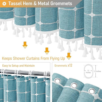 BTTN 78 Inch Long Shower Curtain, Boho Farmhouse Linen Ultra Thick Fabric Shower Curtain Set with Plastic Hooks, Tall Rustic Country Weighted Cloth Shower Curtains for Bathroom, Teal/Turquoise, 72x78