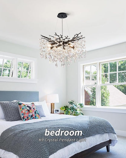 Modern Tree Branch Crystal Chandelier Luxury Blacl Crystal Pendant Lighting 23.6" Contemporary 8-Light Chandeliers for Dining Room Kitchen Bedroom Living Room