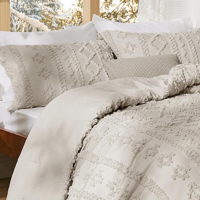 Bedsure Tufted Boho Comforter Set Queen Size - Linen Boho Bed Set, GentleSoft™ 3 Pieces Farmhouse Shabby Chic Embroidery Bedding, Gifts for Woman, Soft Jacquard Queen Comforter for All Seasons