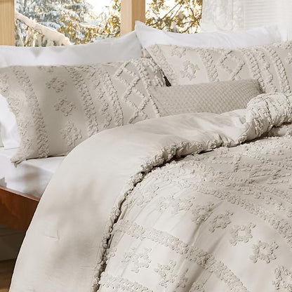 Bedsure Tufted Boho Comforter Set Queen Size - Linen Boho Bed Set, GentleSoft™ 3 Pieces Farmhouse Shabby Chic Embroidery Bedding, Gifts for Woman, Soft Jacquard Queen Comforter for All Seasons