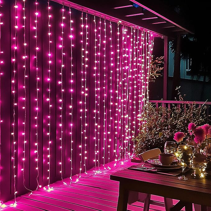 Dazzle Bright 300 LED Curtain String Lights, Valentine's Day Fairy Lights for Bedroom with 8 Lighting Modes, Connectable Waterproof Window Lights Party Wedding Garden Wall Christmas Decor, Pink