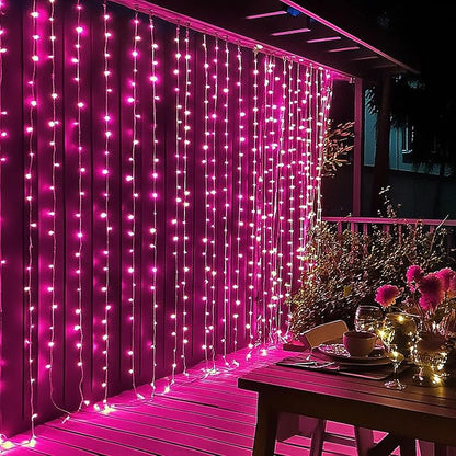 Dazzle Bright 300 LED Curtain String Lights, Valentine's Day Fairy Lights for Bedroom with 8 Lighting Modes, Connectable Waterproof Window Lights Party Wedding Garden Wall Christmas Decor, Pink