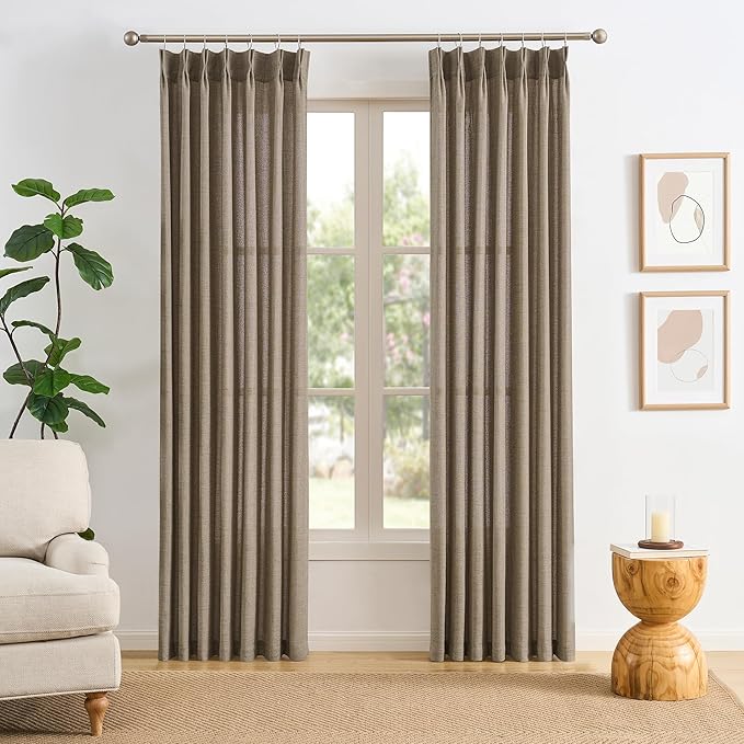 RAIN CITY Khaki Pinch Pletaed Curtains 63 Inches Long, Back Tab with Hooks, Window Treatment Textured Semi Sheer Boho Vintage Western Curtains for Bedroom Cabin 42 Inch Wide