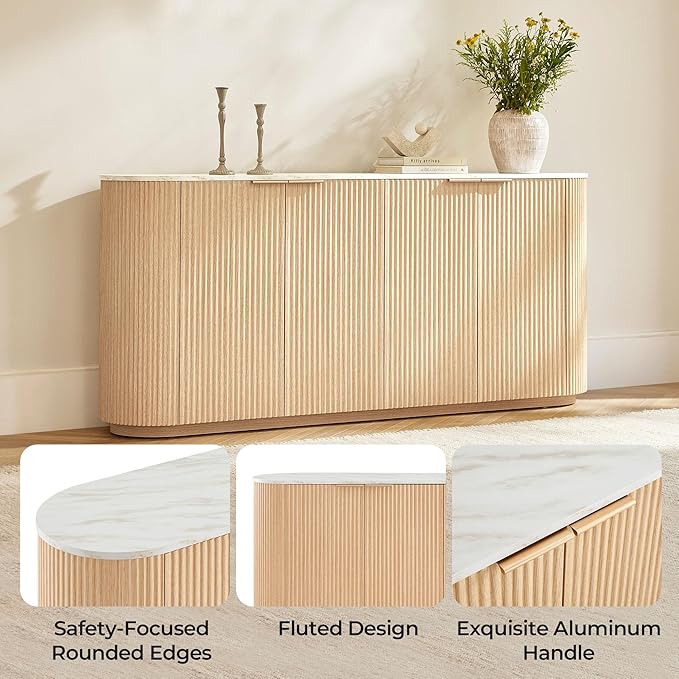 CHITA 70" Sideboard Buffet Cabinet with Storage, Living Room Accent Cabinet with Doors and Adjustable Shelves, for Bar, Kitchen, Oak - Faux Marble