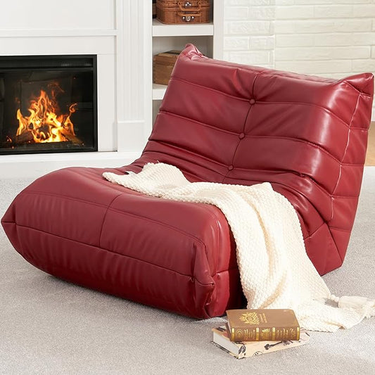 Hobestluk Giant Bean Bag Chair Lazy Floor Sofa, Fireside Sofa for Adults, Big Beanbag Faux Leather Armless Chair for Living Room Bedroom Dorm Office (WineRed, Single)