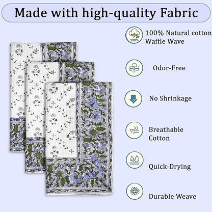 Ridhi Powder Blue Hand Block Print Waffle Kitchen Towel Set of 3-16 x28 Ultra Absorbent Quick Dry 100% Cotton Dish Towels Lightweight Reusable Sustainable Tea Towels for Cleaning and Drying