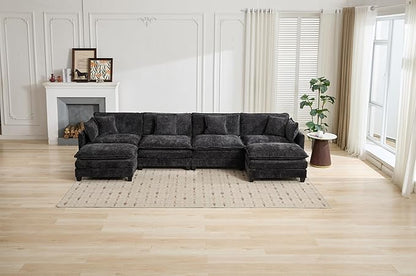 SoarFlash Chenille Sectional Sofa Ottoman,Black