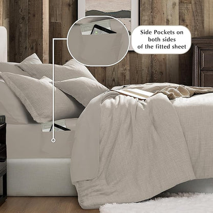 Geniospin Full Comforter Set - 7 Pieces Comforter Full Size, Solid Bedding Sets for All Season, Textured Bed in a Bag with Flat Sheet and Fitted Sheet, Pillowcases and Shams (Ivory, 80''x90'')