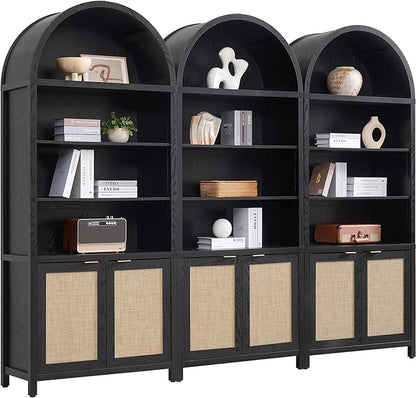 SICOTAS Book Shelf Arched Cabinet Bookshelf Arch 84.2" Tall Bookcase 5 Tier Large Bookshelves with Doors Storage Rattan Boho Wide Book Shelves Case for Living Room Kitchen Office Bedroom Library