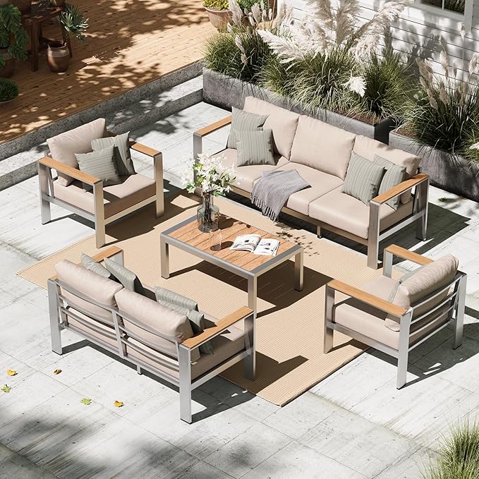 Aluminum Outdoor Patio Furniture Set with Table, 5 Piece Outdoor Conversation Sets Outdoor Chair with Washable Thick Cushions, Patio Sectional Furniture Set for Porch, Lawn, Garden, Silver
