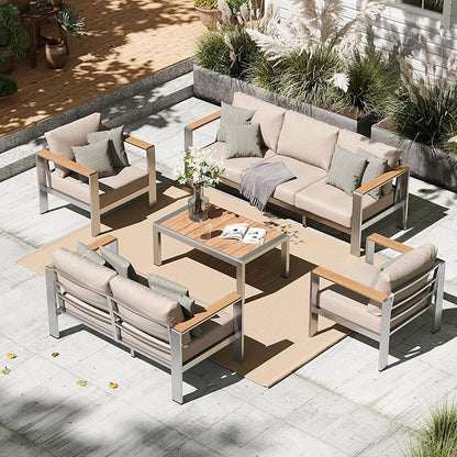 Aluminum Outdoor Patio Furniture Set with Table, 5 Piece Outdoor Conversation Sets Outdoor Chair with Washable Thick Cushions, Patio Sectional Furniture Set for Porch, Lawn, Garden, Silver