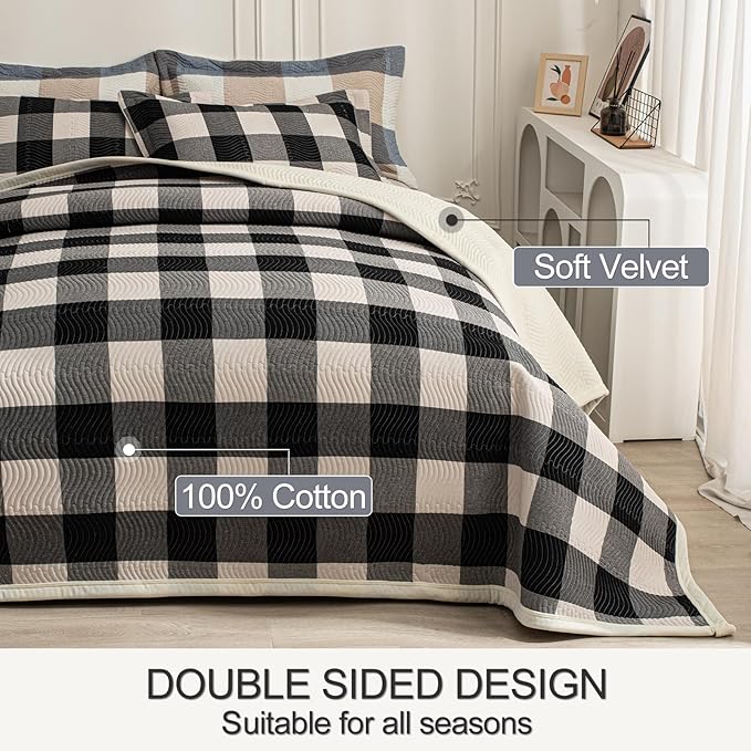 Cotton Plaid Quilt Set Queen 3 Piece Lightweight Reversible Bedding, Grid Black White
