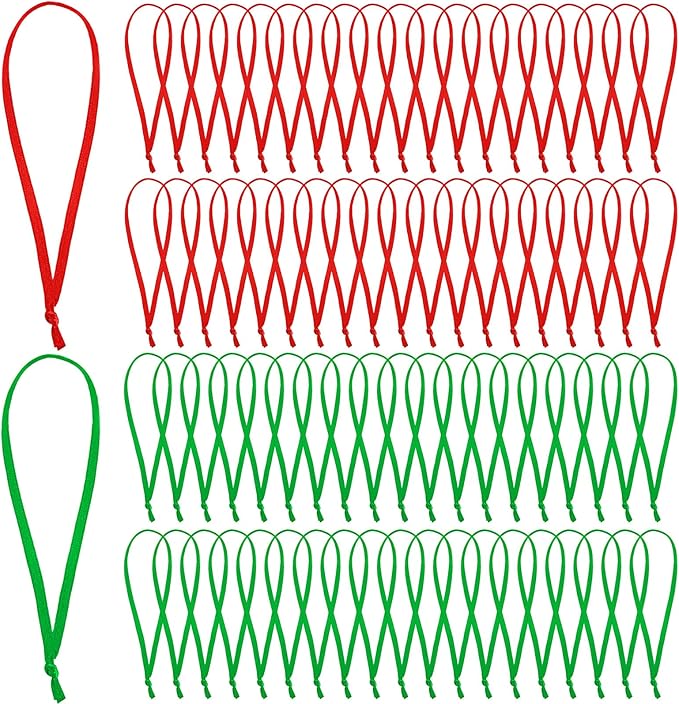 JUNEBRUSHS 300Pcs Christmas Ornament Ribbon Hangers, Hand Tied String Ties Ornaments Loops Thin Ribbon for Ornaments Christmas Tree Hanging Decoration Red Green