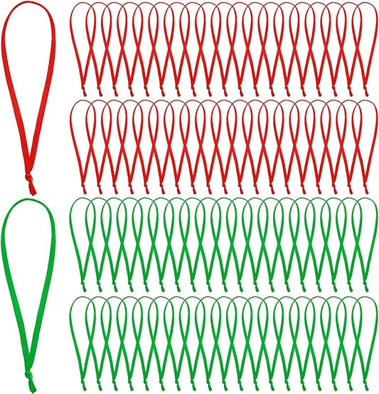 JUNEBRUSHS 300Pcs Christmas Ornament Ribbon Hangers, Hand Tied String Ties Ornaments Loops Thin Ribbon for Ornaments Christmas Tree Hanging Decoration Red Green