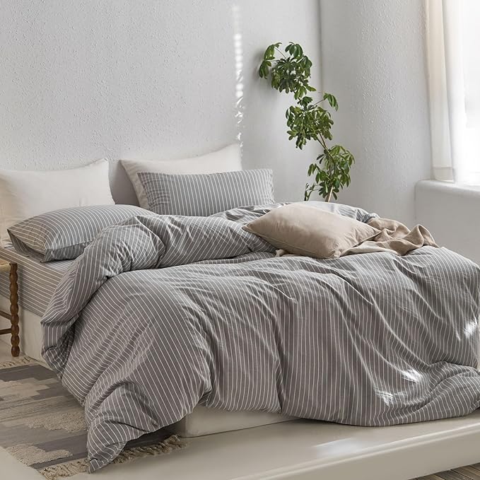 MooMee Striped Duvet Cover Set 100% Washed Cotton Linen Like Textured Breathable Durable Soft Comfy (Light Grey White Wide Stripes, Palatial King/Oversized King 120"x98")