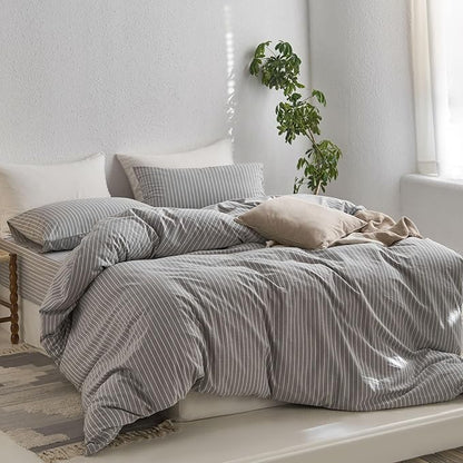 MooMee Striped Duvet Cover Set 100% Washed Cotton Linen Like Textured Breathable Durable Soft Comfy (Light Grey White Wide Stripes, Queen 90"x90")