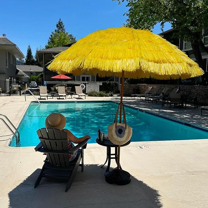 AMMSUN 7.5ft Hula Thatched Tiki Patio Beach Umbrella Hawaiian Style 10 Ribs UPF 50+ with Tilt Carry Bag for Outdoor Tiki Bar, Tropical Palapa, Patio Garden Beach Pool Backyard Yellow