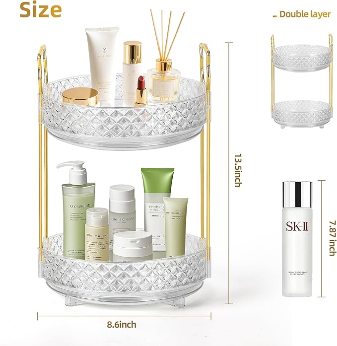 360 Rotating Makeup Organizer for Vanity, Adjustable Perfume Organizer for Dresser, Multi-Function Spinning Cosmetics Skincare Storage for Bedroom, Dresser, Countertop, Clear