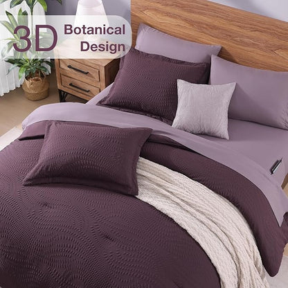 Geniospin King Comforter Set - 7 Pieces Purple Bedding Set, Botanical Textured Fall Comforter Set, All Season Comfortable Bed in a Bag with Comforter, Sheets, Pillowcases & Shams