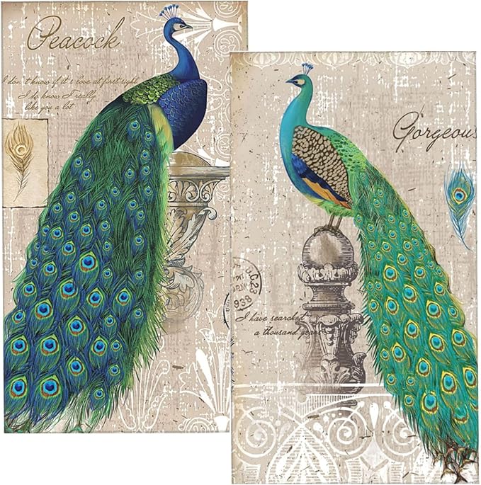 Peacock Hand Towels Set of 2 Absorbent 15.7x27.5 Kitchen Guest Towels Farmhouse Teal Blue Peacock