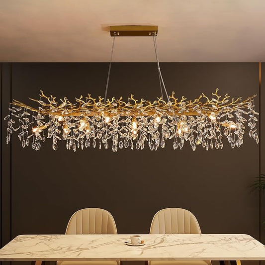 Modern Tree Branch Chandelier, 16 Lights Rectangular 59" Crystal Gold Chandeliers for Kitchen Island Dining Room Living Room
