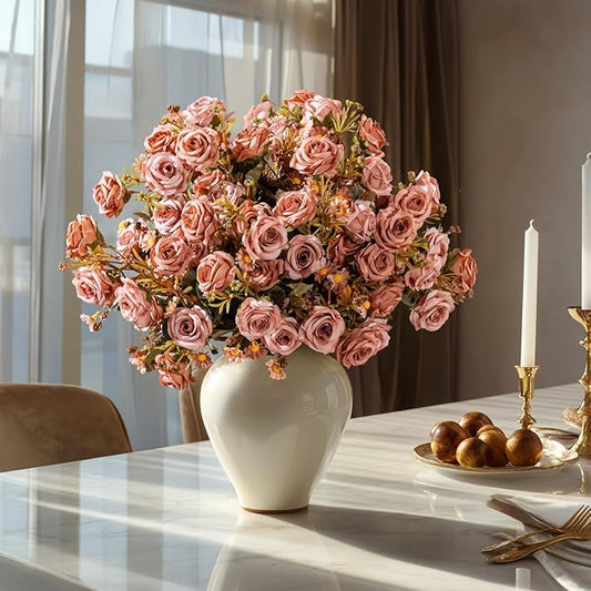Artificial Flowers for Outdoor 4 Bundles Rose Bouquet with Daisy Faux Flowers UV Resistant for Home Indoor Outside Garden Porch Window Box Balcony Yard Porch Decor (Brown)