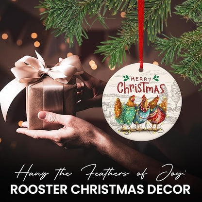 OASSIE Chicken Ornaments for Christmas Tree - Ceramic Christmas Ornaments 2025 - Chicken Ornaments for Xmas Tree, Rustic Home Decor, Rooster Gifts for Women Men Family Friends