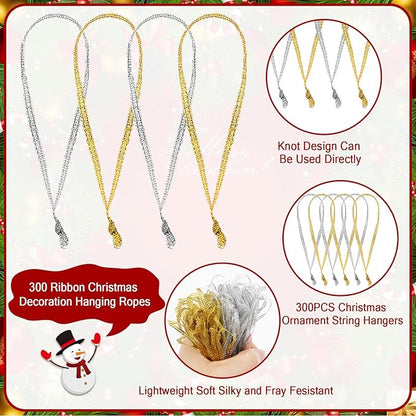 JUNEBRUSHS 300Pcs Christmas Ornament Ribbon Hangers, Hand Tied Christmas Ornament String Ties Loops Thin Ribbon for Ornaments Christmas Tree Hanging Decoration Gold Silver