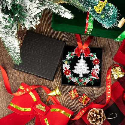 2025 Christmas Ornaments for Tree,Christmas Wreath Ornaments 2025 with Rotatable Tree for Christmas Tree Decorations Holiday Decorative Annual Keepsake Gift (Metal,Silver)