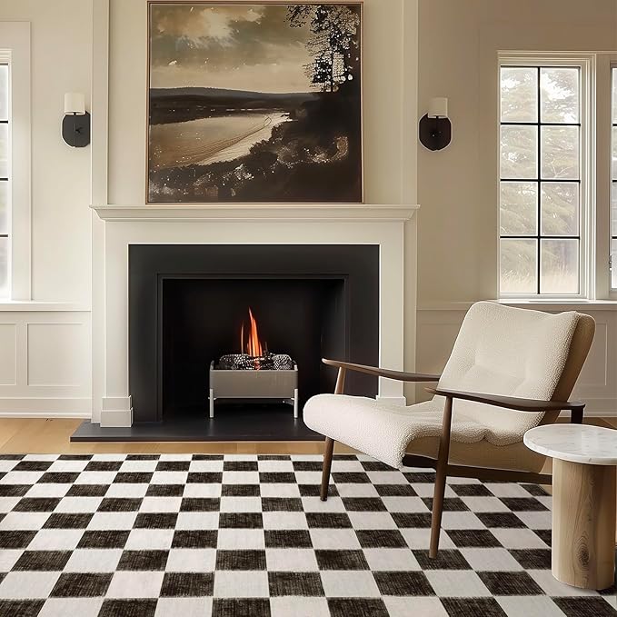 EVERGRACE Checkered Plaid Area Rug 5x7, Soft Faux Wool Rugs Washable Anti Slip Rugs Large Rug Carpet for Entryway Bedroom Living Room Hallway Kitchen Dining Room and Laundry Room, Black