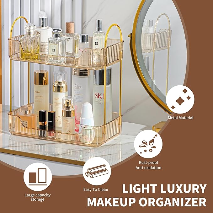 2 Tier Bathroom Organizer Countertop Makeup Perfume Skincare Organizer for Bathroom Dresser Vanity (Gold)