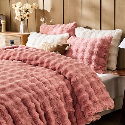 Lotus Karen Faux Fur Queen Comforter Set – Pink Fluffy Comforter Queen Size, Big Bubble Faux Rabbit Fur Bedding Comforter Sets, Winter Warm Cozy Fuzzy Bed Set 3 Pieces, 1 Comforter and 2 Pillowcases
