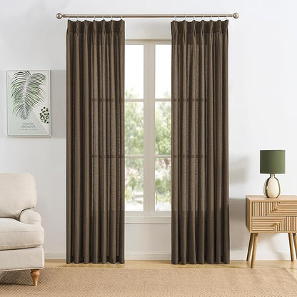 Brown Pleated Linen Curtains 102 Inches Long Farmhouse Semi Sheer Memory Trained Shape Pinch Pleat Drapes with Hooks Back Tab Ripple Fold Curtain for Bedroom Living Room 42x102