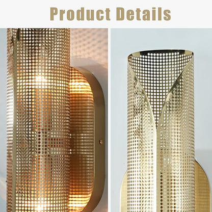 Modern Aged Brass Curved Rounded Perforated Metal Canopy Double Wall Sconce, Hand-Made Wall Mounted Light Beside Mirror, Wall Light for Hallway, Bedroom, Living Room